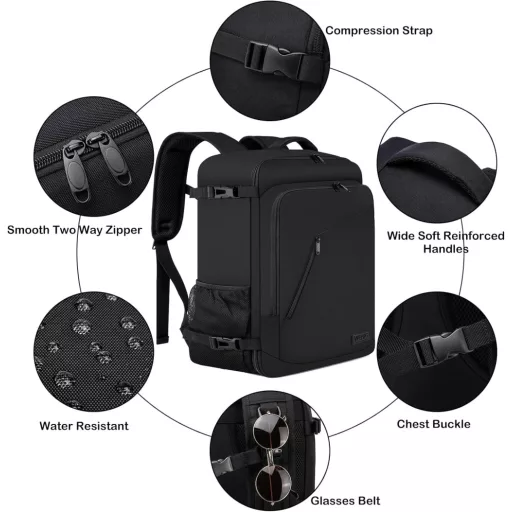 Rucsac de cabină WENIG cu port USB de încărcare - Geantă laptop care încape sub scaunul avionului, pentru bărbați și femei, Negru