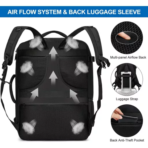 Rucsac de cabină WENIG cu port USB de încărcare - Geantă laptop care încape sub scaunul avionului, pentru bărbați și femei, Negru