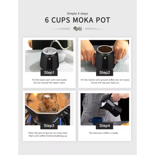 Cafetieră Moka din aluminiu VINATO pentru 6 cești, cu supapă de siguranță, negru