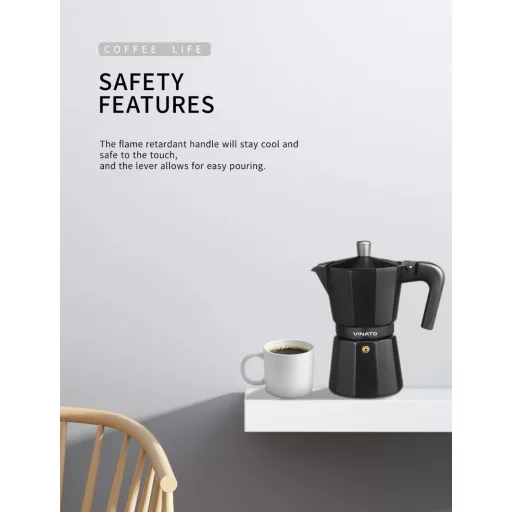 Cafetieră Moka din aluminiu VINATO pentru 6 cești, cu supapă de siguranță, negru