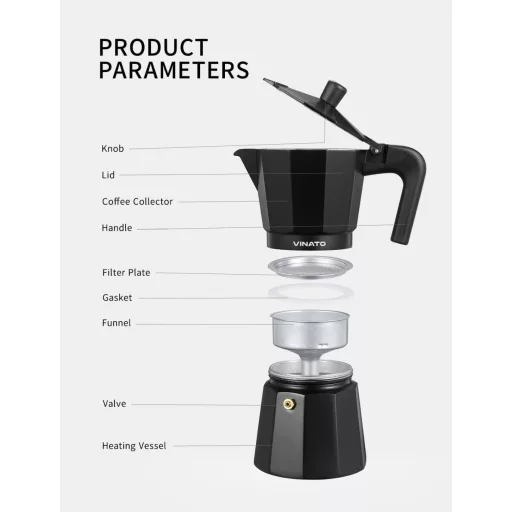 Cafetieră Moka din aluminiu VINATO pentru 6 cești, cu supapă de siguranță, negru