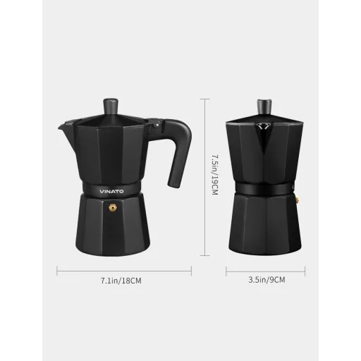 Cafetieră Moka din aluminiu VINATO pentru 6 cești, cu supapă de siguranță, negru