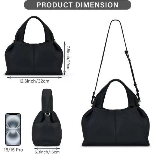 Geantă de damă oscaurt de dimensiune medie - Geantă de umăr și crossbody din piele PU, poșetă în formă de nor cu curea detașabilă, neagră