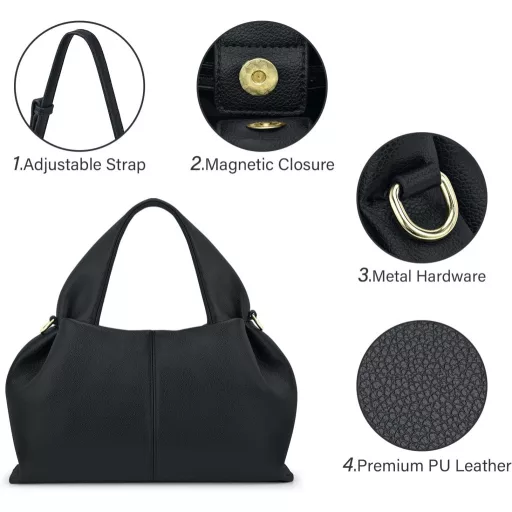 Geantă de damă oscaurt de dimensiune medie - Geantă de umăr și crossbody din piele PU, poșetă în formă de nor cu curea detașabilă, neagră