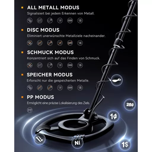 Detector de metale profesional SUNPOW cu 5 moduri și cip DSP, bobină impermeabilă de 30 cm, 2 ecrane LCD.
