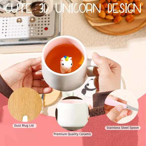 BigNoseDeer 3D Unikornis Bögre Tetővel, Kawaii Kávés Csésze Lányoknak, Ajándék Nőknek