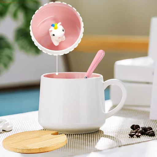 BigNoseDeer 3D Unikornis Bögre Tetővel, Kawaii Kávés Csésze Lányoknak, Ajándék Nőknek