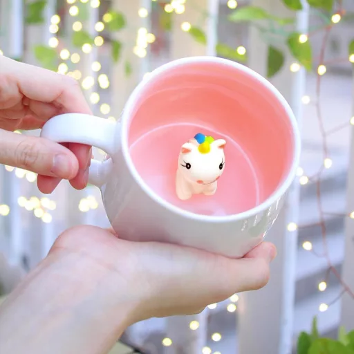 BigNoseDeer 3D Unikornis Bögre Tetővel, Kawaii Kávés Csésze Lányoknak, Ajándék Nőknek