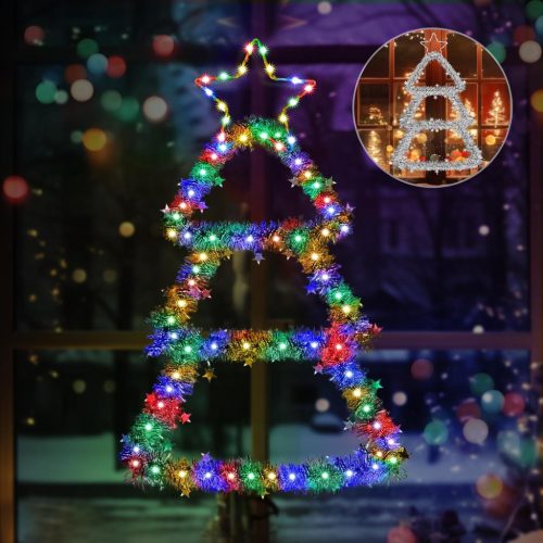 ELKTRY Decorațiune LED pentru Crăciun, model brad, 66 cm - Iluminare interior/exterior, alb cald și colorat, cu temporizator, rezistent la apă IP65, decor pentru geam, funcționează cu baterii.