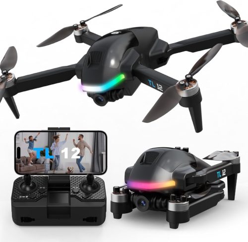 Dronă pentru începători Tolatoyus TL12 cu cameră HD 1080p, transmisie live WiFi FPV, motor fără perii, lumini LED, 3 viteze