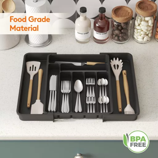 Lifewit Podesivi umetak za pribor za jelo za ladicu - 30-50 cm Široki plastični kuhinjski organizator crna ladica za vilice i žlice, bez BPA, 38 cm