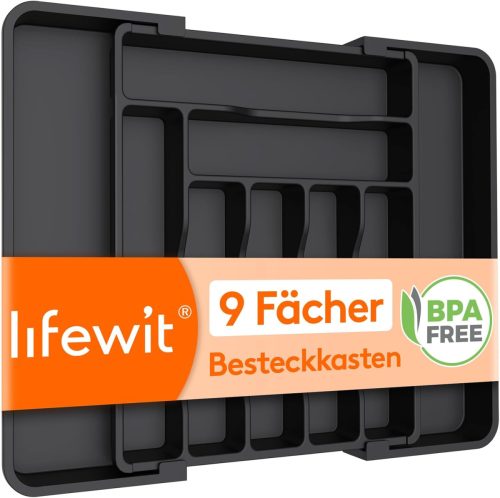 Lifewit Állítható Evőeszköztartó Fiókba - 30-50 cm Széles Műanyag Konyhai Rendszerező Fekete Tálca Villákhoz és Kanalakhoz, BPA-mentes, 38 c