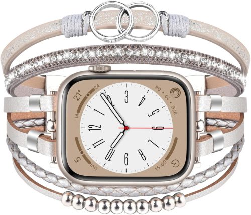 VISOOM Boho Gyöngyös Bőr Szíj Apple Watch 42mm/44mm/45mm/49mm Órához - Női Divatos Kétrétegű Karkötő Series 10/9/8/7/SE Kompatibilis