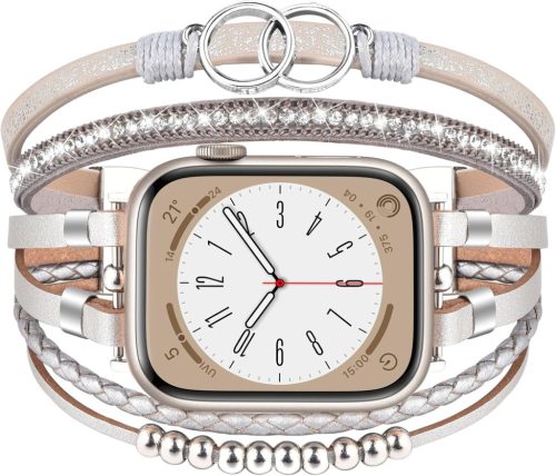 VISOOM Boho Gyöngyös Bőr Szíj Apple Watch 42mm/44mm/45mm/49mm Órához - Női Divatos Kétrétegű Karkötő Series 10/9/8/7/SE Kompatibilis