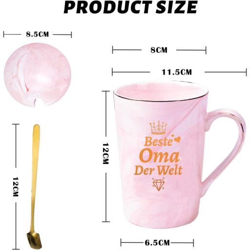 Cana DIKARYA pentru Bunica, 400ml - Cană de cafea ceramică roz cu capac și linguriță - Cadou pentru Bunica de ziua ei, de Ziua Mamei