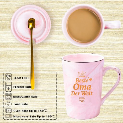 Cana DIKARYA pentru Bunica, 400ml - Cană de cafea ceramică roz cu capac și linguriță - Cadou pentru Bunica de ziua ei, de Ziua Mamei