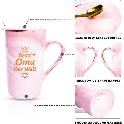 Cana DIKARYA pentru Bunica, 400ml - Cană de cafea ceramică roz cu capac și linguriță - Cadou pentru Bunica de ziua ei, de Ziua Mamei