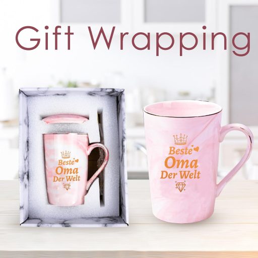 Cana DIKARYA pentru Bunica, 400ml - Cană de cafea ceramică roz cu capac și linguriță - Cadou pentru Bunica de ziua ei, de Ziua Mamei