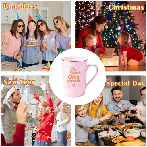 Cana DIKARYA pentru Bunica, 400ml - Cană de cafea ceramică roz cu capac și linguriță - Cadou pentru Bunica de ziua ei, de Ziua Mamei