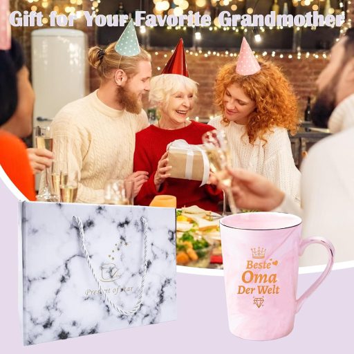 Cana DIKARYA pentru Bunica, 400ml - Cană de cafea ceramică roz cu capac și linguriță - Cadou pentru Bunica de ziua ei, de Ziua Mamei