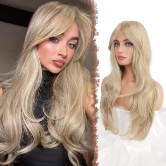   FESHFEN dlhá vrstvená parochňa s ofinou, balayage blond, syntetické vlasy, 65 cm
