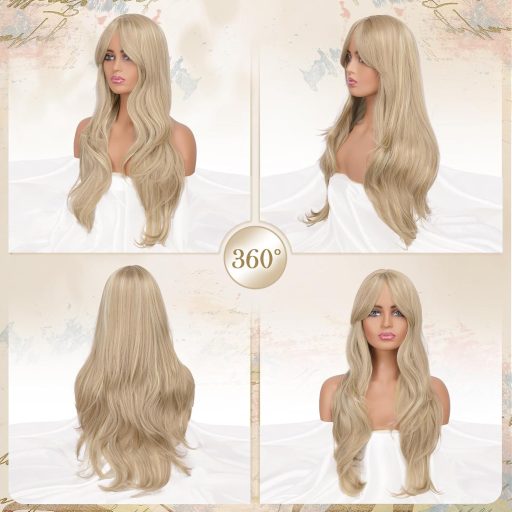 FESHFEN hosszú rétegzett paróka frufruval, balayage szőke, szintetikus haj, 65 cm