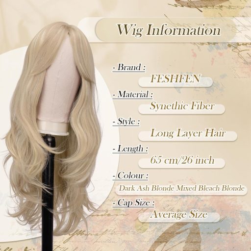 FESHFEN hosszú rétegzett paróka frufruval, balayage szőke, szintetikus haj, 65 cm