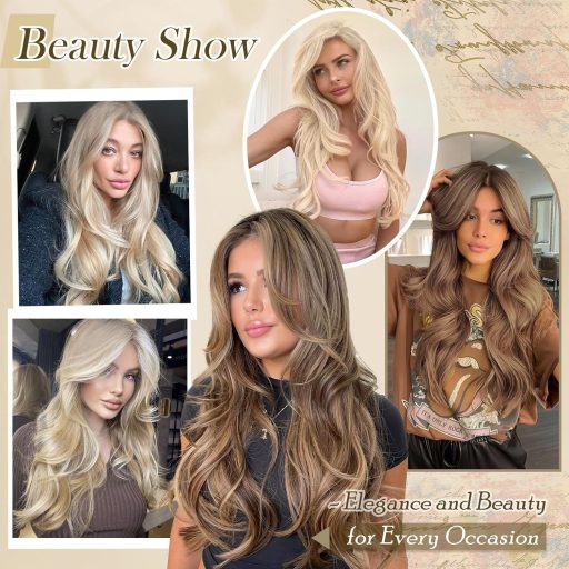 FESHFEN dlhá vrstvená parochňa s ofinou, balayage blond, syntetické vlasy, 65 cm