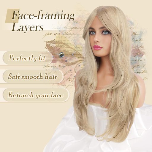 Perucă FESHFEN lungă, stratificată, cu breton, blond balayage, păr sintetic, 65 cm