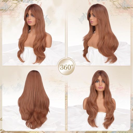 FESHFEN tmavo-oranžová dlhá vrstvená parochňa s ofinou 26 palcov syntetická tepelne odolná