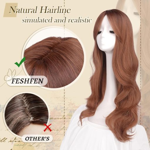 FESHFEN tmavo-oranžová dlhá vrstvená parochňa s ofinou 26 palcov syntetická tepelne odolná