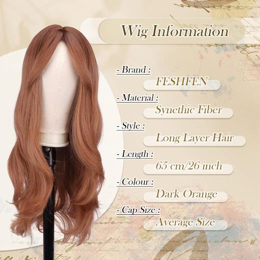 FESHFEN tmavo-oranžová dlhá vrstvená parochňa s ofinou 26 palcov syntetická tepelne odolná