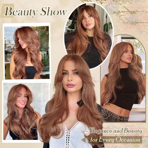 FESHFEN tmavo-oranžová dlhá vrstvená parochňa s ofinou 26 palcov syntetická tepelne odolná