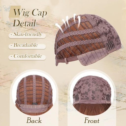 FESHFEN tmavo-oranžová dlhá vrstvená parochňa s ofinou 26 palcov syntetická tepelne odolná