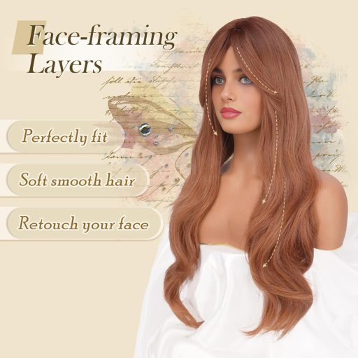 FESHFEN sötét narancssárga hosszú rétegzett paróka bangs 26 inch szintetikus hőálló