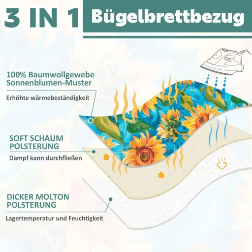 Husă de masă de călcat Pottwal premium pentru fier de călcat cu aburi, model floarea-soarelui, mărimea L 116-120cm