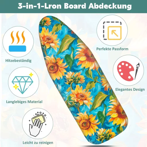 Husă de masă de călcat Pottwal premium pentru fier de călcat cu aburi, model floarea-soarelui, mărimea L 116-120cm