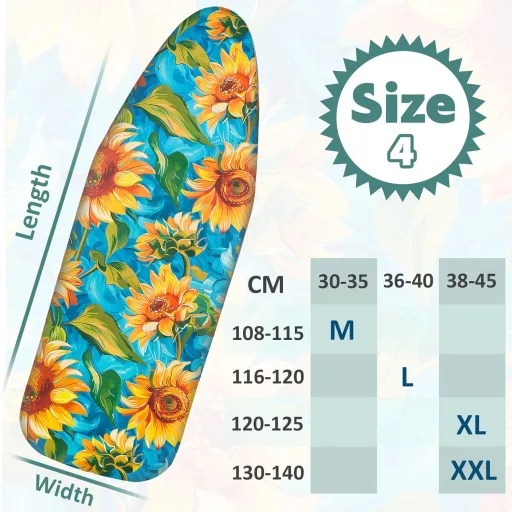 Husă de masă de călcat Pottwal premium pentru fier de călcat cu aburi, model floarea-soarelui, mărimea L 116-120cm