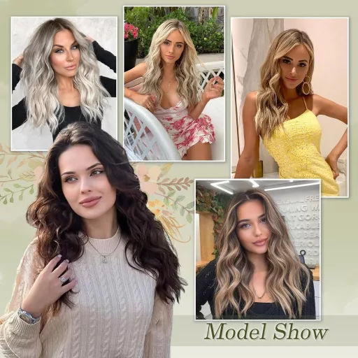 Extensii de păr cu clips, ondulate, set de 4 bucăți, blond miere șaten, 40 cm