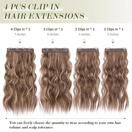 Extensii de păr cu clips, ondulate, set de 4 bucăți, blond miere șaten, 40 cm