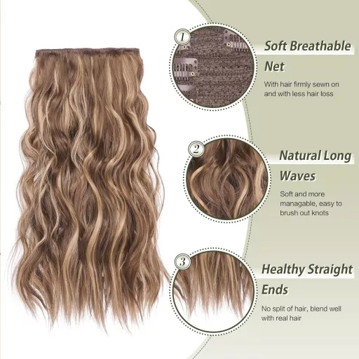 Extensii de păr cu clips, ondulate, set de 4 bucăți, blond miere șaten, 40 cm