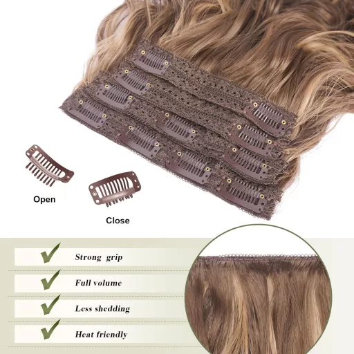 Extensii de păr cu clips, ondulate, set de 4 bucăți, blond miere șaten, 40 cm