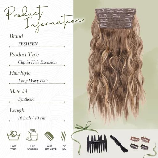 Extensii de păr cu clips, ondulate, set de 4 bucăți, blond miere șaten, 40 cm