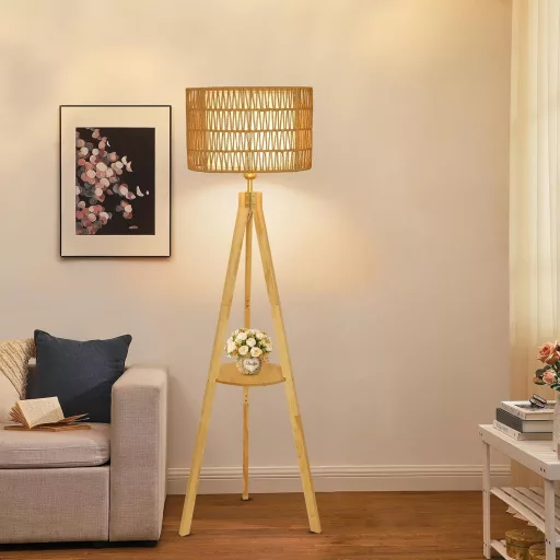 Lampadar din Lemn Rayofly cu Raft - Vintage, cu Abajur din Ratan și In, Trepied, Iluminare în Stil Boem pentru Living, Dormitor,