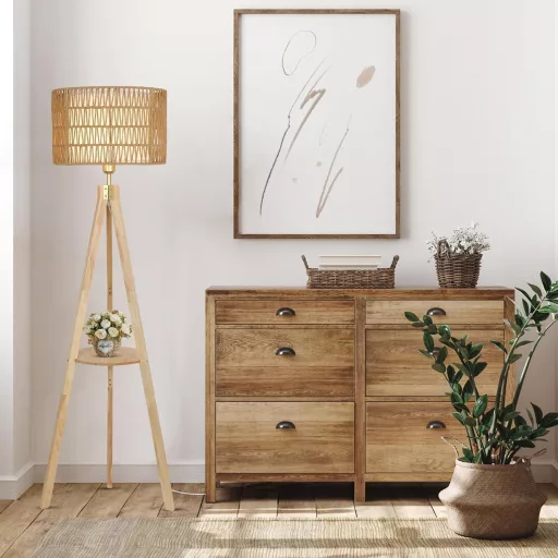 Lampadar din Lemn Rayofly cu Raft - Vintage, cu Abajur din Ratan și In, Trepied, Iluminare în Stil Boem pentru Living, Dormitor,