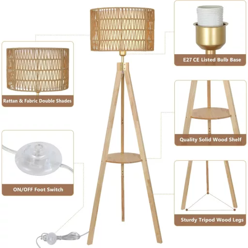 Rayofly Fa Állólámpa Polccal - Vintage Rattan és Lenvászon Lámpaernyővel, Tripod Állvánnyal, Bohém Stílusú Világítás Nappaliba, Hálószobába,