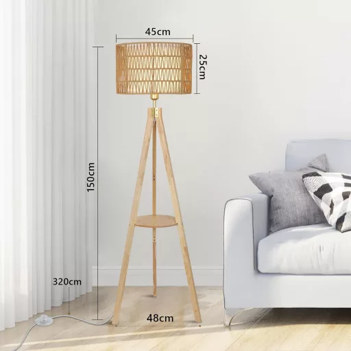 Rayofly Fa Állólámpa Polccal - Vintage Rattan és Lenvászon Lámpaernyővel, Tripod Állvánnyal, Bohém Stílusú Világítás Nappaliba, Hálószobába,