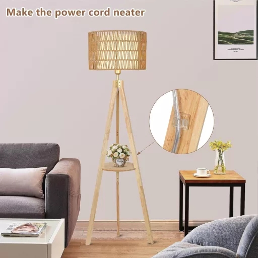 Lampadar din Lemn Rayofly cu Raft - Vintage, cu Abajur din Ratan și In, Trepied, Iluminare în Stil Boem pentru Living, Dormitor,