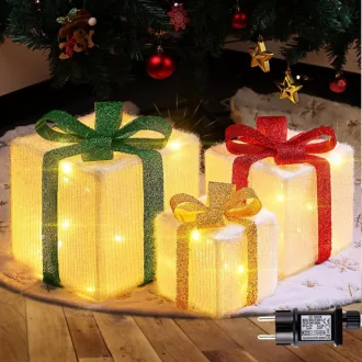   Set 3 cutii cadou cu LED Lecone, decorațiune de Crăciun cu 80 LED-uri, pentru interior și exterior