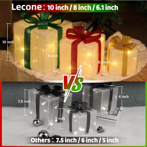 Set 3 cutii cadou cu LED Lecone, decorațiune de Crăciun cu 80 LED-uri, pentru interior și exterior